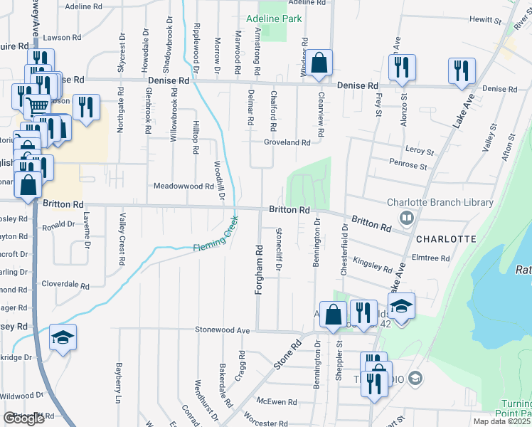 map of restaurants, bars, coffee shops, grocery stores, and more near 313 Britton Road in Rochester