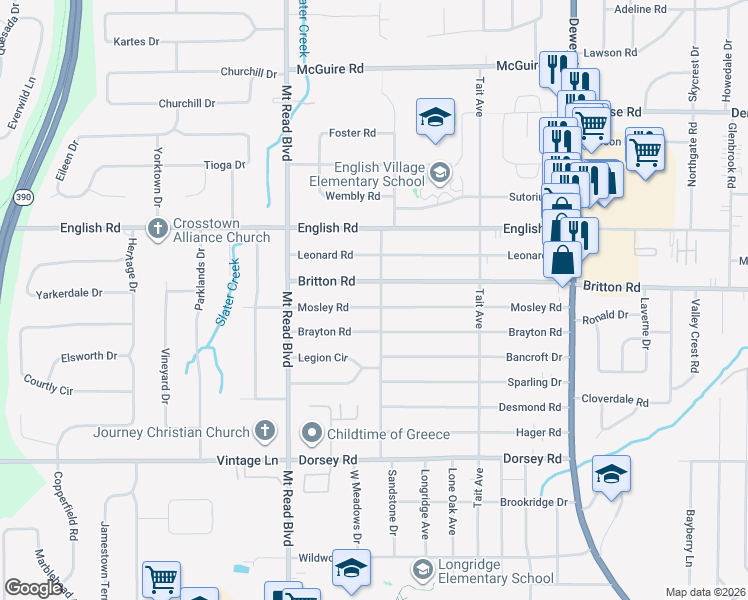 map of restaurants, bars, coffee shops, grocery stores, and more near 282 Mosley Road in Rochester