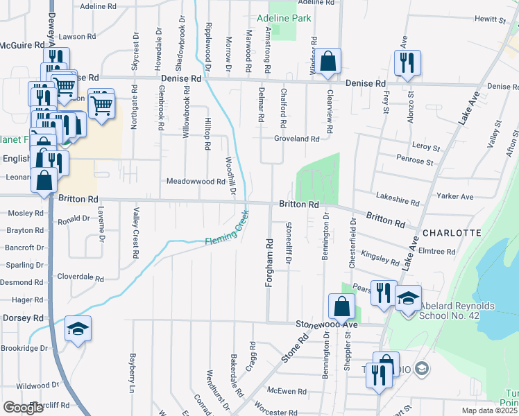 map of restaurants, bars, coffee shops, grocery stores, and more near 351 Britton Road in Rochester