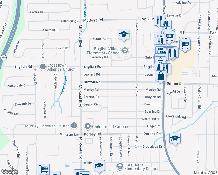 map of restaurants, bars, coffee shops, grocery stores, and more near 282 Mosley Road in Rochester