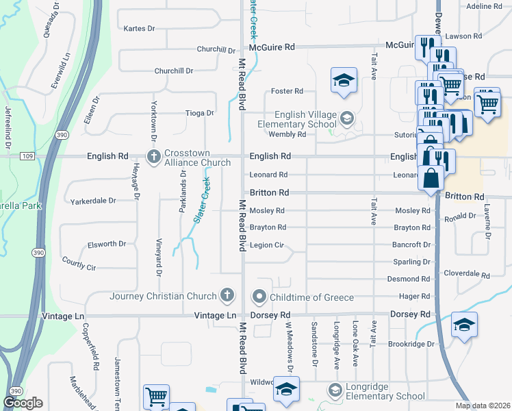 map of restaurants, bars, coffee shops, grocery stores, and more near 390 Mosley Road in Rochester