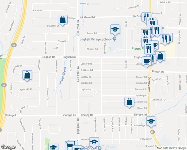 map of restaurants, bars, coffee shops, grocery stores, and more near 338 Mosley Road in Rochester