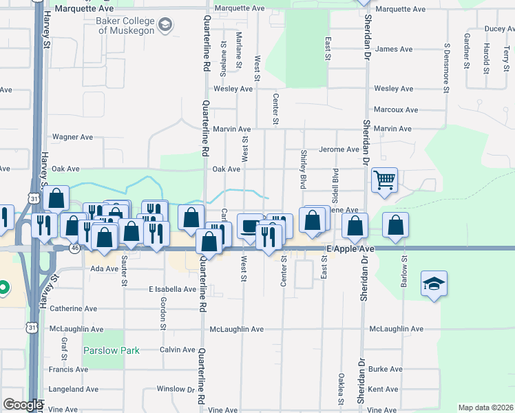 map of restaurants, bars, coffee shops, grocery stores, and more near 2116 Madalene Avenue in Muskegon