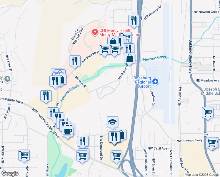 map of restaurants, bars, coffee shops, grocery stores, and more near 2525 Northwest Edenbower Boulevard in Roseburg
