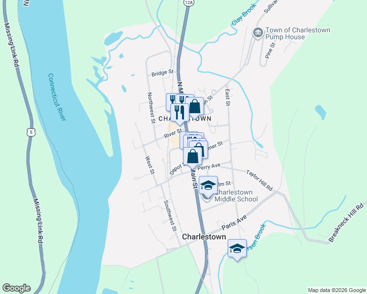 map of restaurants, bars, coffee shops, grocery stores, and more near 12 Church Street in Charlestown