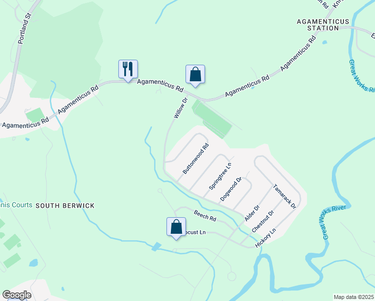 map of restaurants, bars, coffee shops, grocery stores, and more near 14 Buttonwood Road in South Berwick