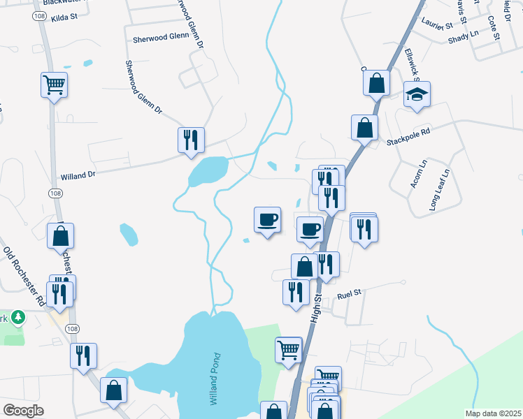 map of restaurants, bars, coffee shops, grocery stores, and more near 12 Commercial Drive in Somersworth