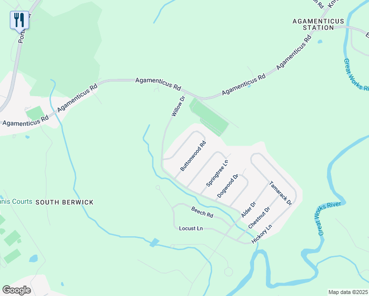 map of restaurants, bars, coffee shops, grocery stores, and more near 14 Buttonwood Road in South Berwick
