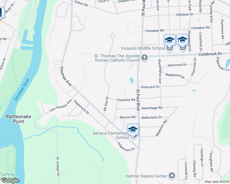 map of restaurants, bars, coffee shops, grocery stores, and more near 32 Thatcher Road in Rochester