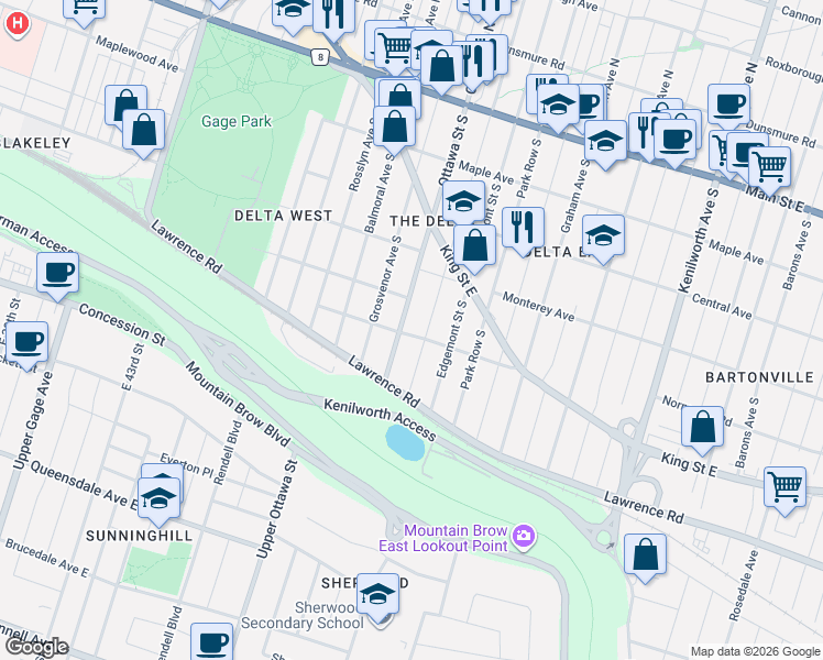 map of restaurants, bars, coffee shops, grocery stores, and more near 79 Justine Avenue in Hamilton