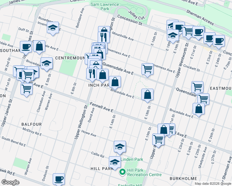 map of restaurants, bars, coffee shops, grocery stores, and more near 302 Brucedale Avenue East in Hamilton