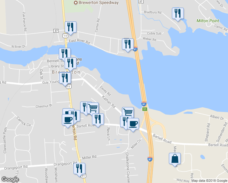 map of restaurants, bars, coffee shops, grocery stores, and more near 5657 Davey Road in Brewerton