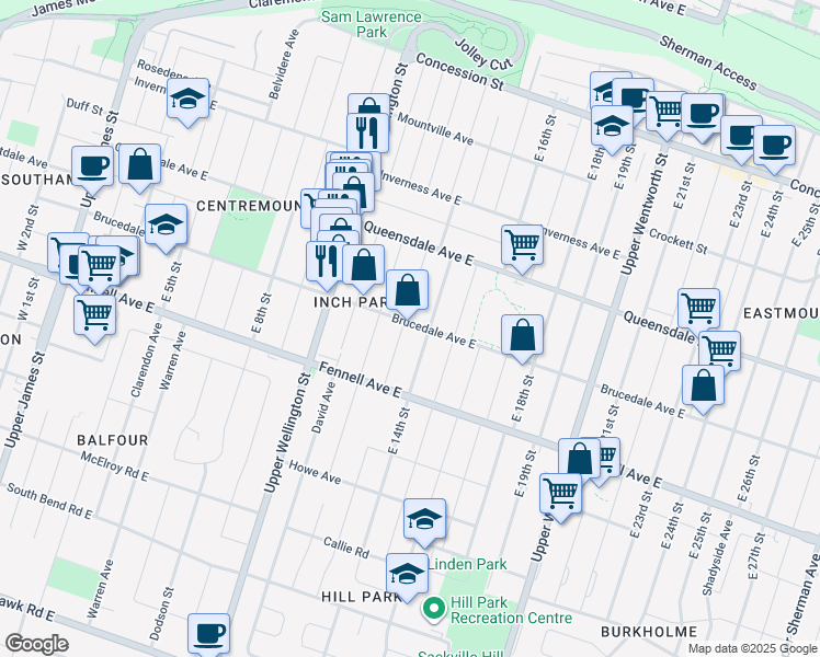 map of restaurants, bars, coffee shops, grocery stores, and more near 302 Brucedale Avenue East in Hamilton