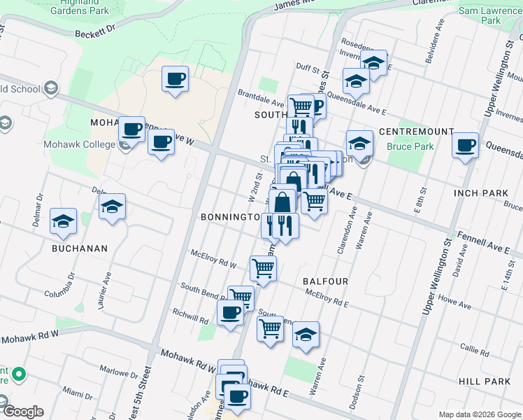 map of restaurants, bars, coffee shops, grocery stores, and more near 21 West 1st Street in Hamilton