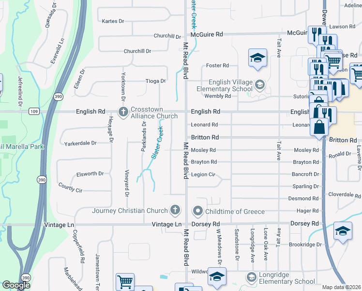 map of restaurants, bars, coffee shops, grocery stores, and more near 4171 Mount Read Boulevard in Rochester
