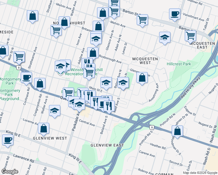 map of restaurants, bars, coffee shops, grocery stores, and more near in Hamilton