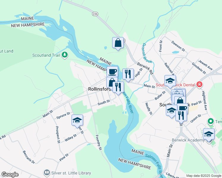 map of restaurants, bars, coffee shops, grocery stores, and more near 79 Front Street in Rollinsford