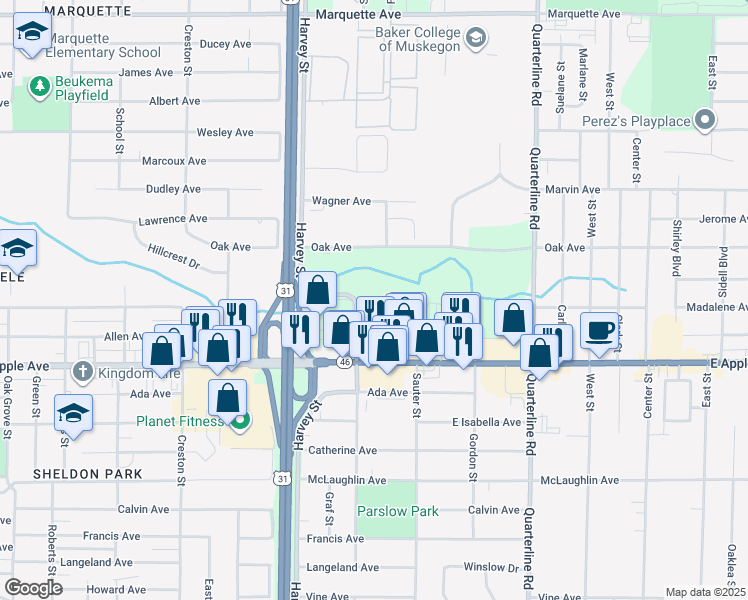map of restaurants, bars, coffee shops, grocery stores, and more near 924 Shonat Street in Muskegon