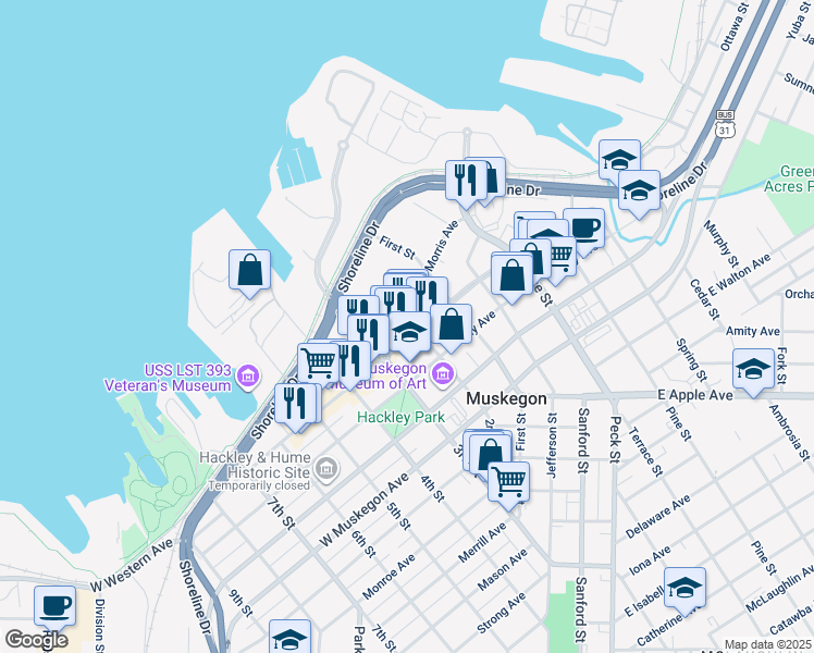 map of restaurants, bars, coffee shops, grocery stores, and more near 376 West Western Avenue in Muskegon
