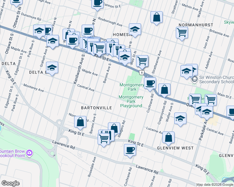 map of restaurants, bars, coffee shops, grocery stores, and more near 54 Weir Street South in Hamilton