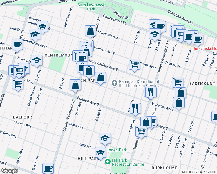 map of restaurants, bars, coffee shops, grocery stores, and more near 233 East 14th Street in Hamilton