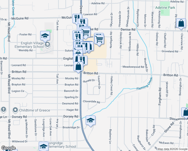 map of restaurants, bars, coffee shops, grocery stores, and more near 747 Britton Rd in Rochester