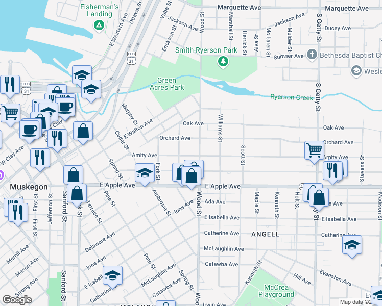 map of restaurants, bars, coffee shops, grocery stores, and more near 372 Amity Avenue in Muskegon
