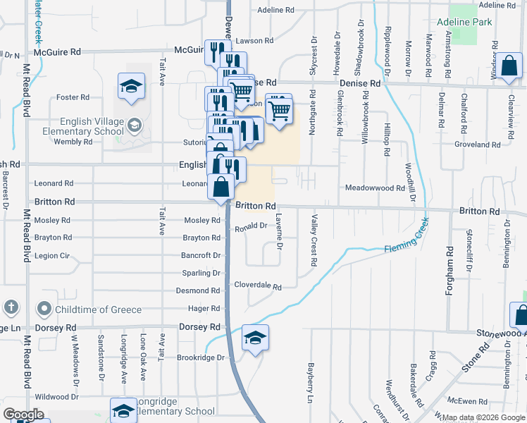map of restaurants, bars, coffee shops, grocery stores, and more near 747 Britton Road in Rochester