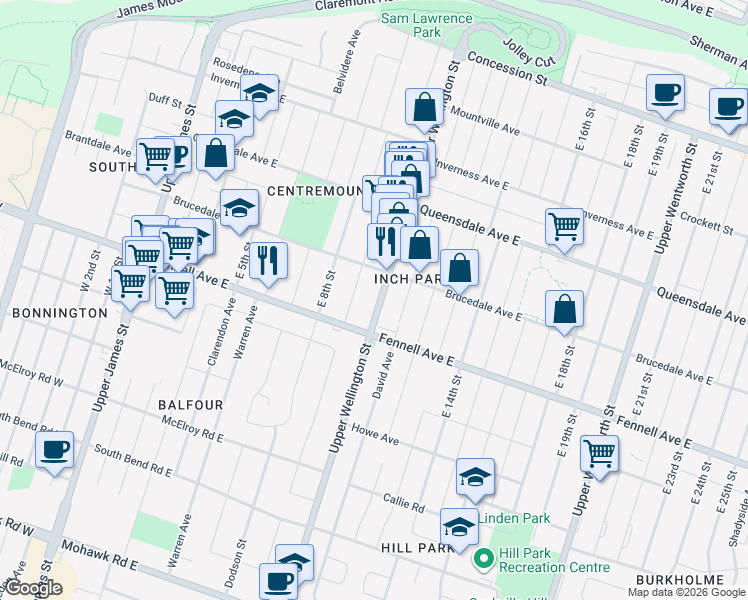 map of restaurants, bars, coffee shops, grocery stores, and more near 652 Upper Wellington Street in Hamilton