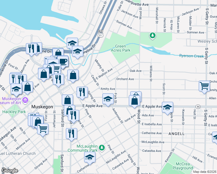 map of restaurants, bars, coffee shops, grocery stores, and more near 253 Amity Avenue in Muskegon