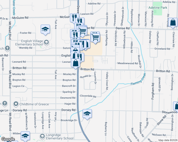 map of restaurants, bars, coffee shops, grocery stores, and more near 82 Ronald Drive in Rochester