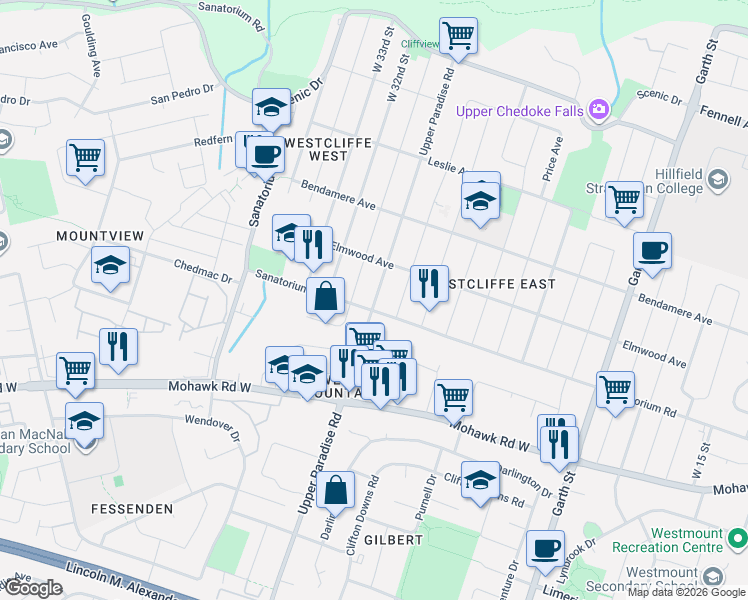 map of restaurants, bars, coffee shops, grocery stores, and more near in Hamilton