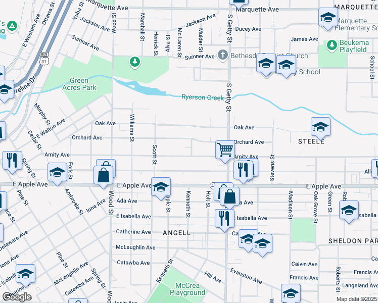map of restaurants, bars, coffee shops, grocery stores, and more near 669 Amity Avenue in Muskegon