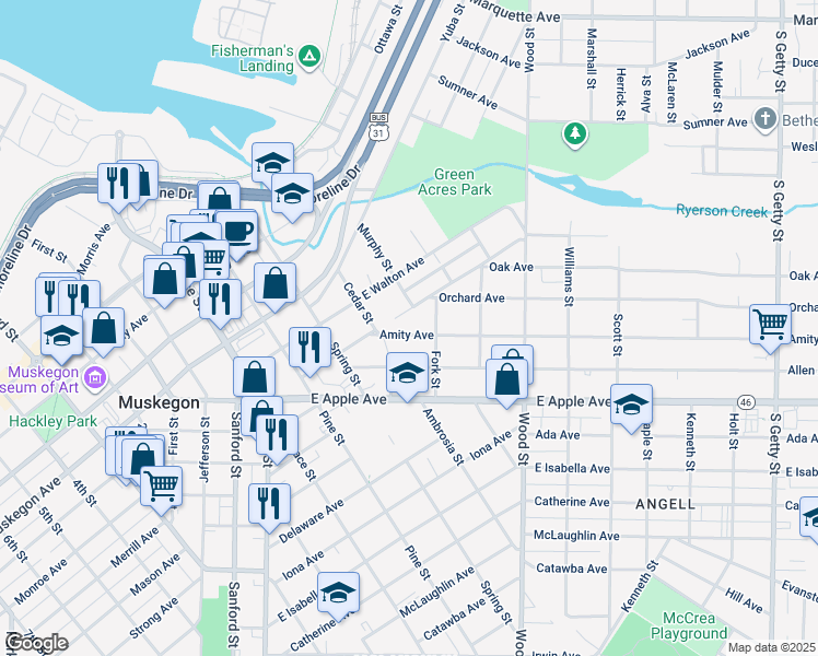 map of restaurants, bars, coffee shops, grocery stores, and more near 253 Amity Avenue in Muskegon