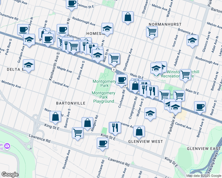 map of restaurants, bars, coffee shops, grocery stores, and more near 57 Berry Avenue in Hamilton