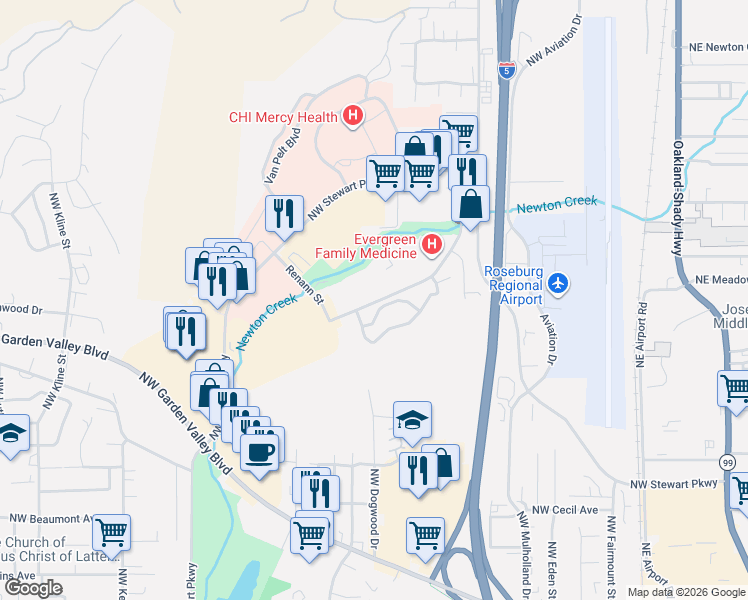 map of restaurants, bars, coffee shops, grocery stores, and more near 2460 Northwest Edenbower Boulevard in Roseburg