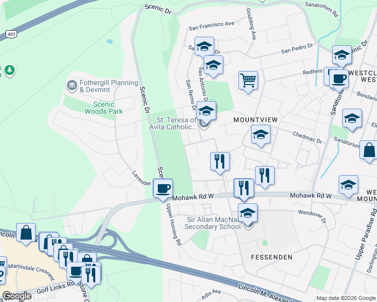 map of restaurants, bars, coffee shops, grocery stores, and more near 85 Lavina Crescent in Hamilton