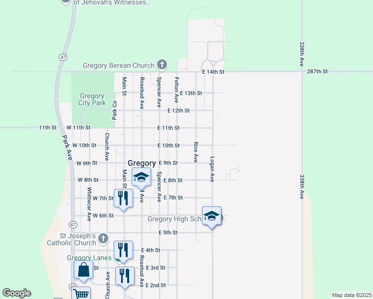 map of restaurants, bars, coffee shops, grocery stores, and more near Felton Avenue in Gregory