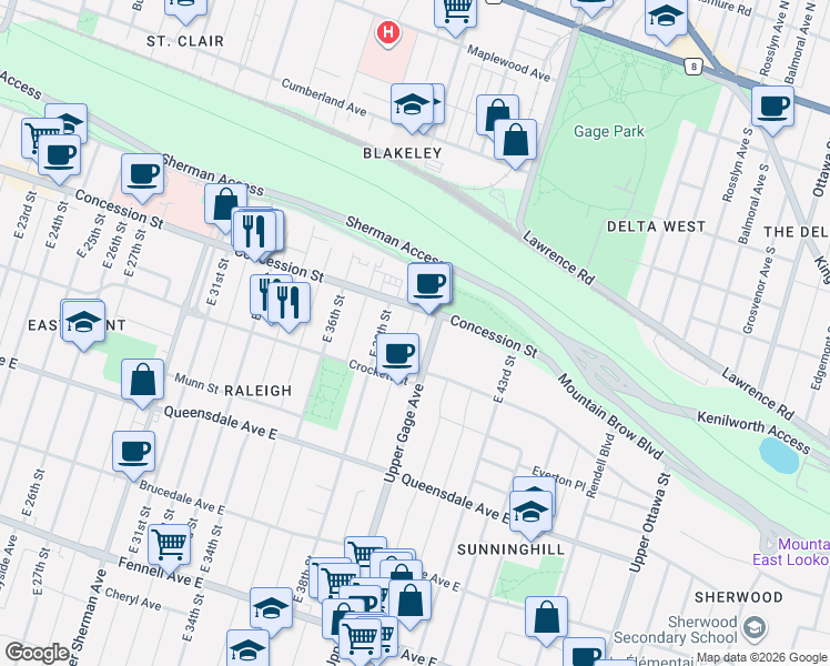 map of restaurants, bars, coffee shops, grocery stores, and more near 334 Upper Gage Avenue in Hamilton