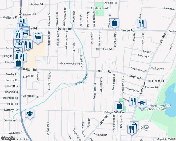 map of restaurants, bars, coffee shops, grocery stores, and more near 351 Britton Road in Rochester
