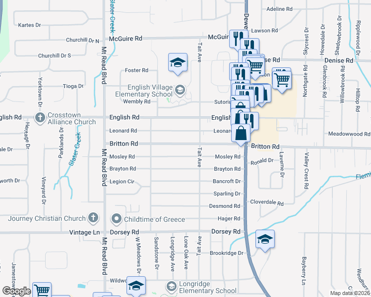 map of restaurants, bars, coffee shops, grocery stores, and more near 180 Mosley Road in Rochester