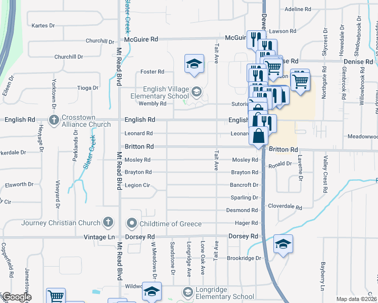 map of restaurants, bars, coffee shops, grocery stores, and more near 234 Mosley Road in Rochester
