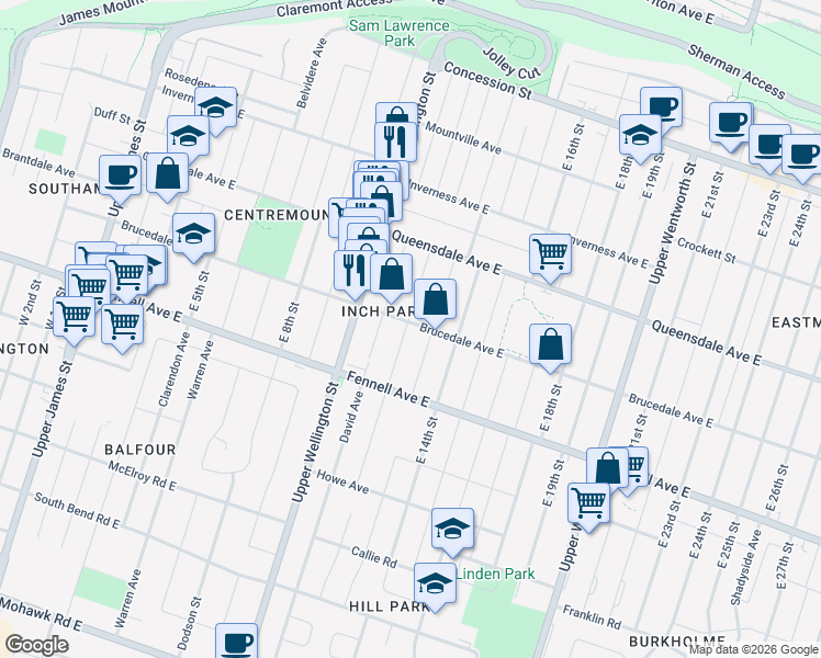 map of restaurants, bars, coffee shops, grocery stores, and more near 276 Brucedale Avenue East in Hamilton