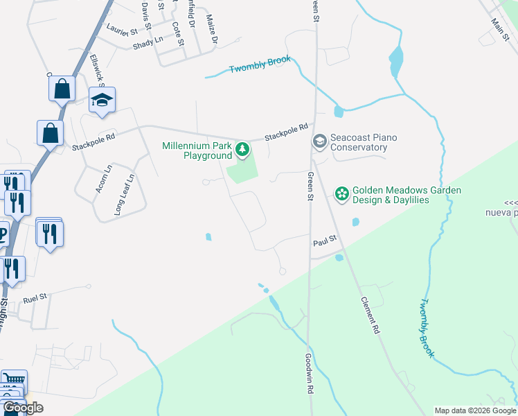 map of restaurants, bars, coffee shops, grocery stores, and more near 74 Sunningdale Drive in Somersworth