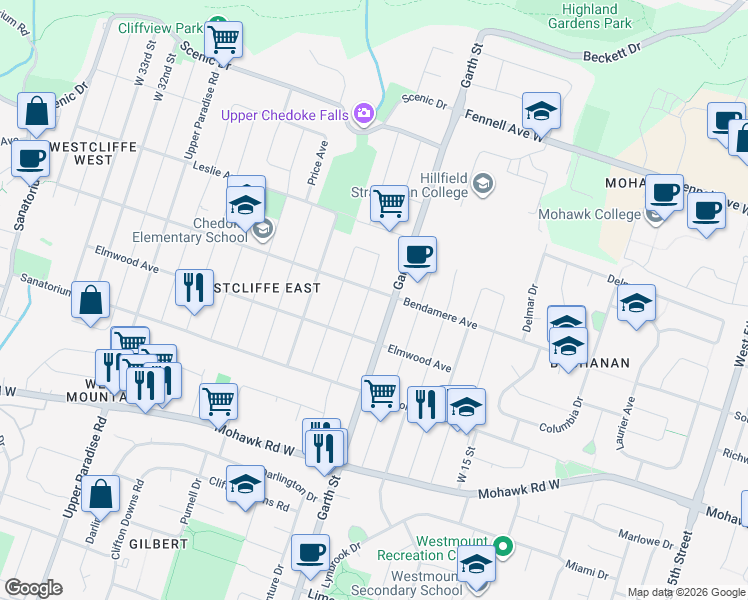 map of restaurants, bars, coffee shops, grocery stores, and more near 3 West 21st Street in Hamilton