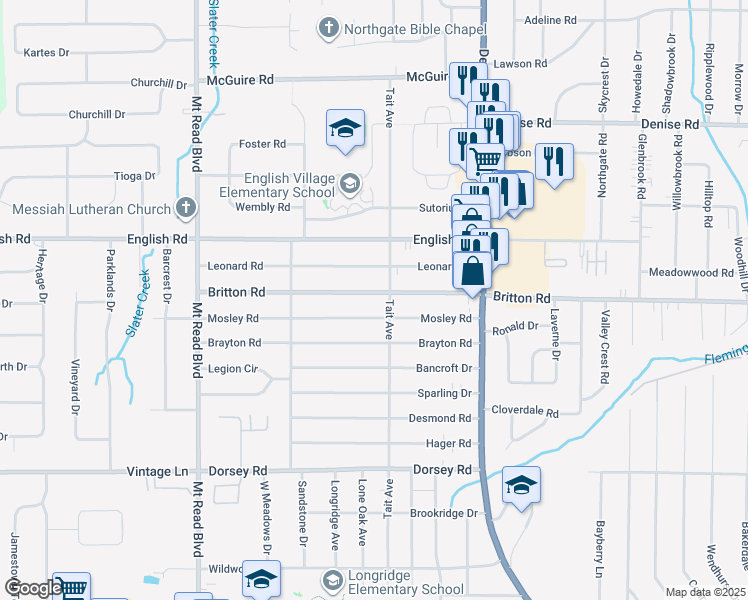 map of restaurants, bars, coffee shops, grocery stores, and more near 180 Mosley Road in Rochester