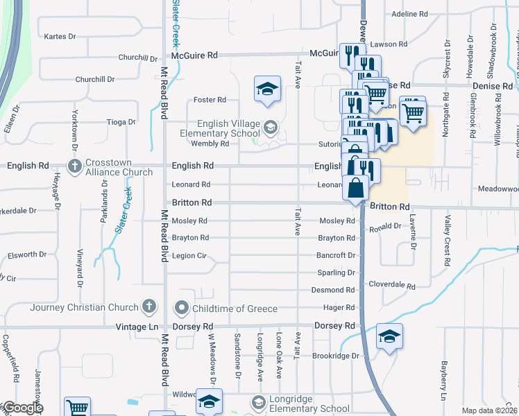 map of restaurants, bars, coffee shops, grocery stores, and more near 234 Mosley Road in Rochester