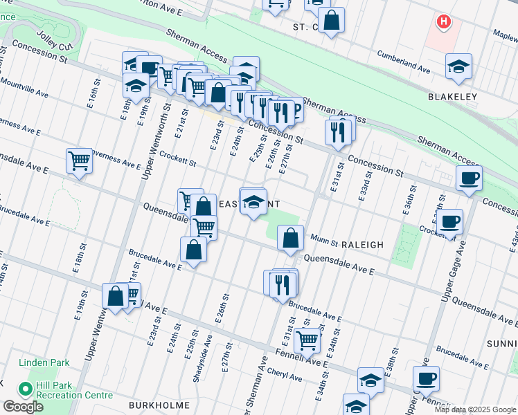 map of restaurants, bars, coffee shops, grocery stores, and more near 115 East 26th Street in Hamilton