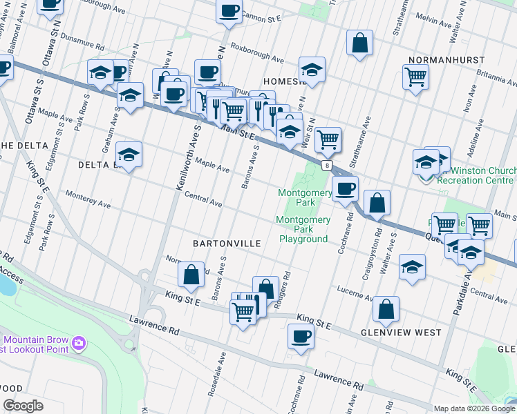 map of restaurants, bars, coffee shops, grocery stores, and more near 69 Tragina Avenue South in Hamilton
