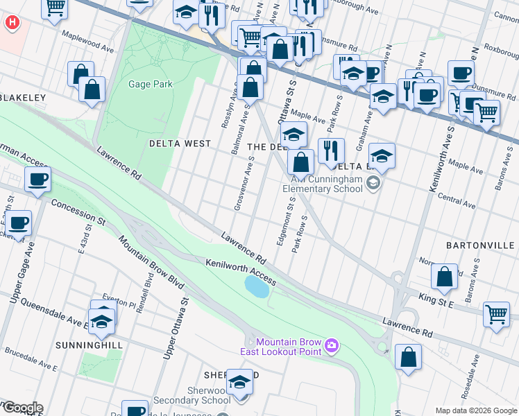 map of restaurants, bars, coffee shops, grocery stores, and more near 225 Ottawa Street South in Hamilton